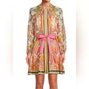 ANTONIO MELANI Long Sleeve Mock Neck Button Front Mini Dress:Pink Scarf Print:12